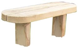 Light golden brown oak bench with horizontal planks for sitting on that are rounded on both ends.